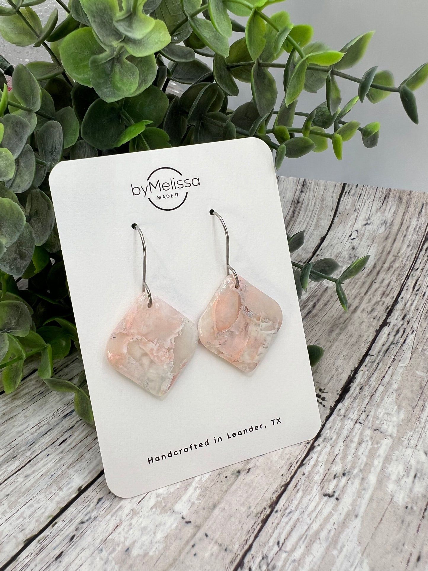 Blush Pink and White Small Rounded Square Drop Earrings in Silver