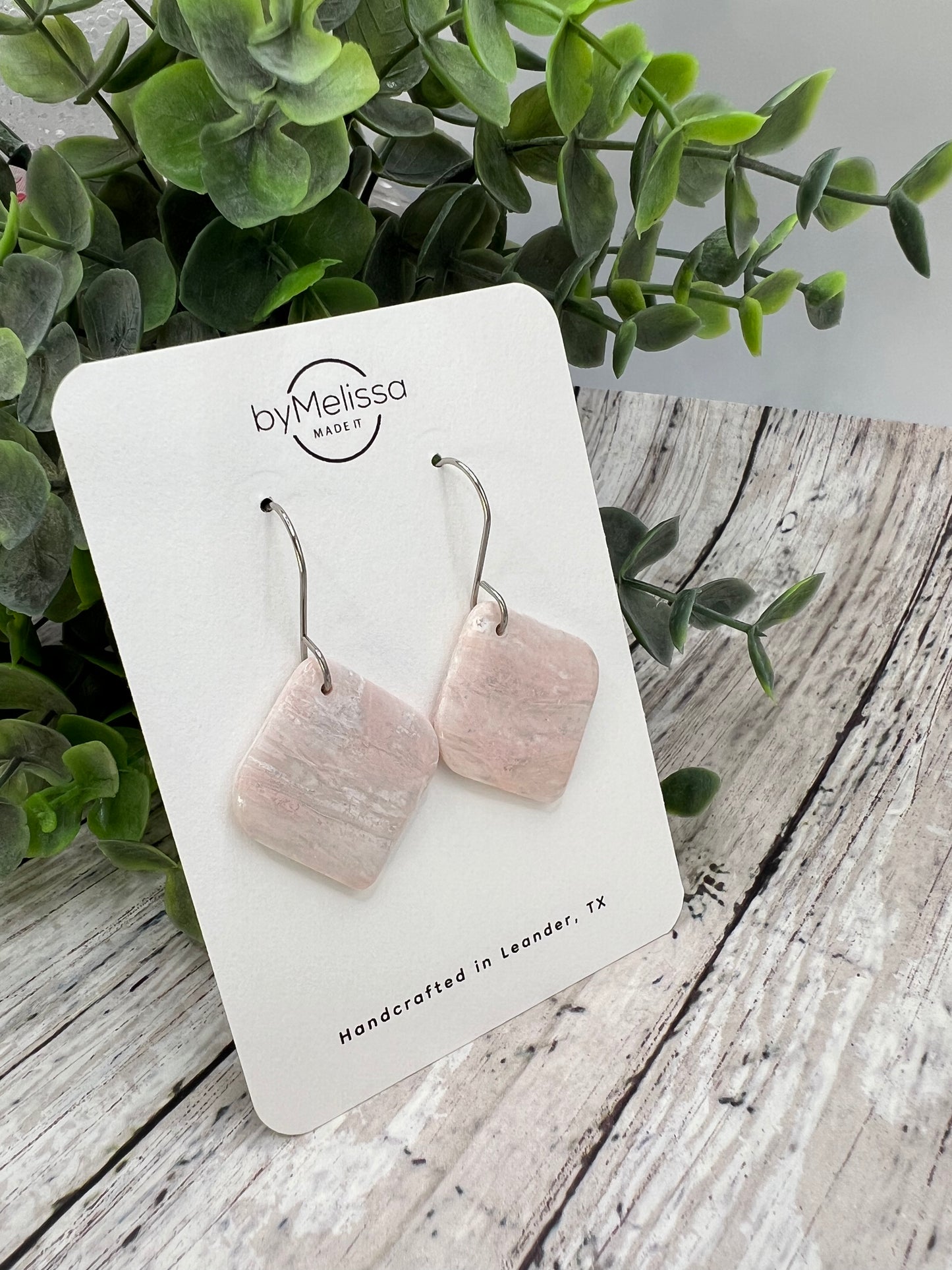 Blush Pink and White Small Rounded Square Drop Earrings in Silver