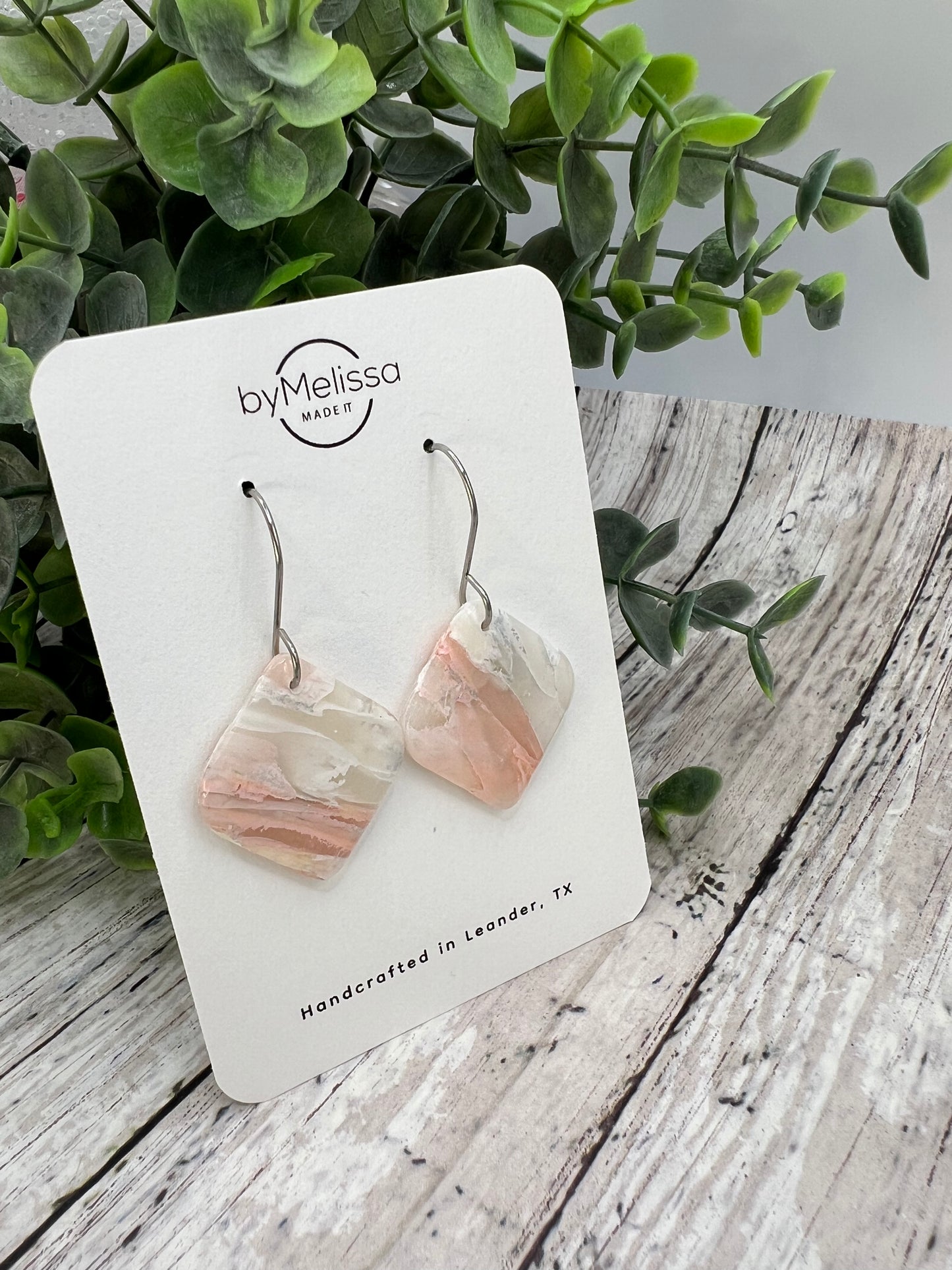 Blush Pink and White Small Rounded Square Drop Earrings in Silver