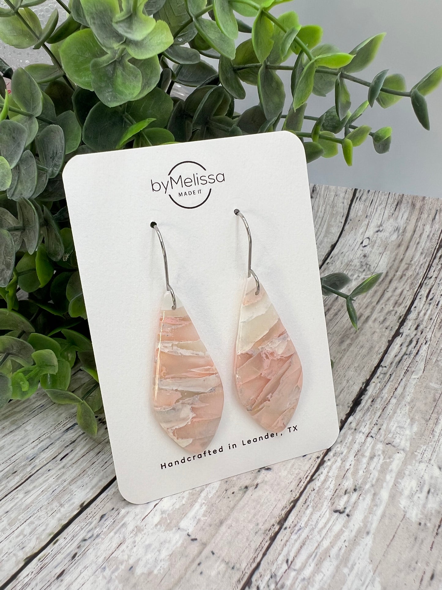 Blush Pink and White Small Elongated Kite Drop Earrings in Silver