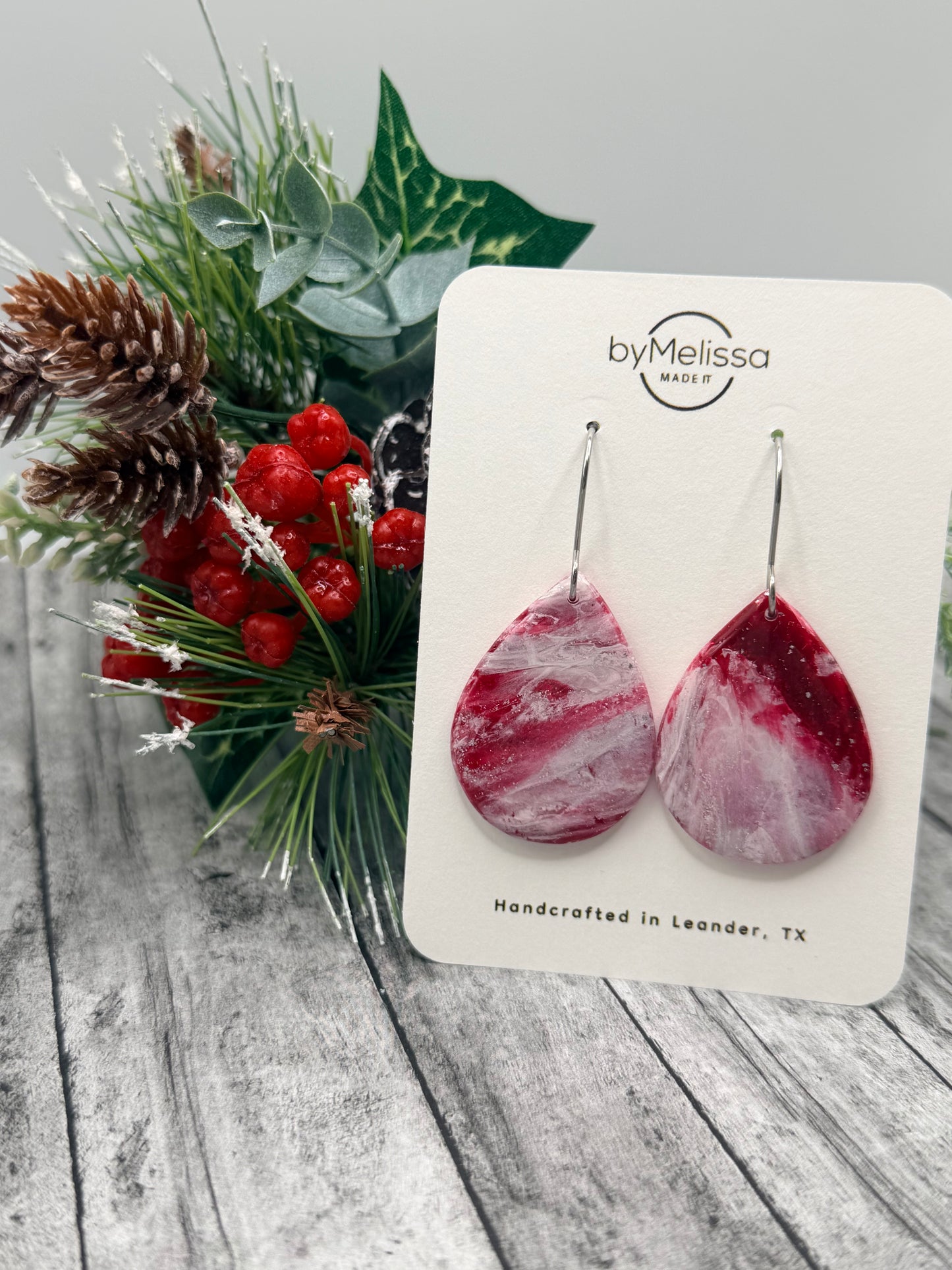 Red and White Small Wide Teardrop Drop Earrings in Silver