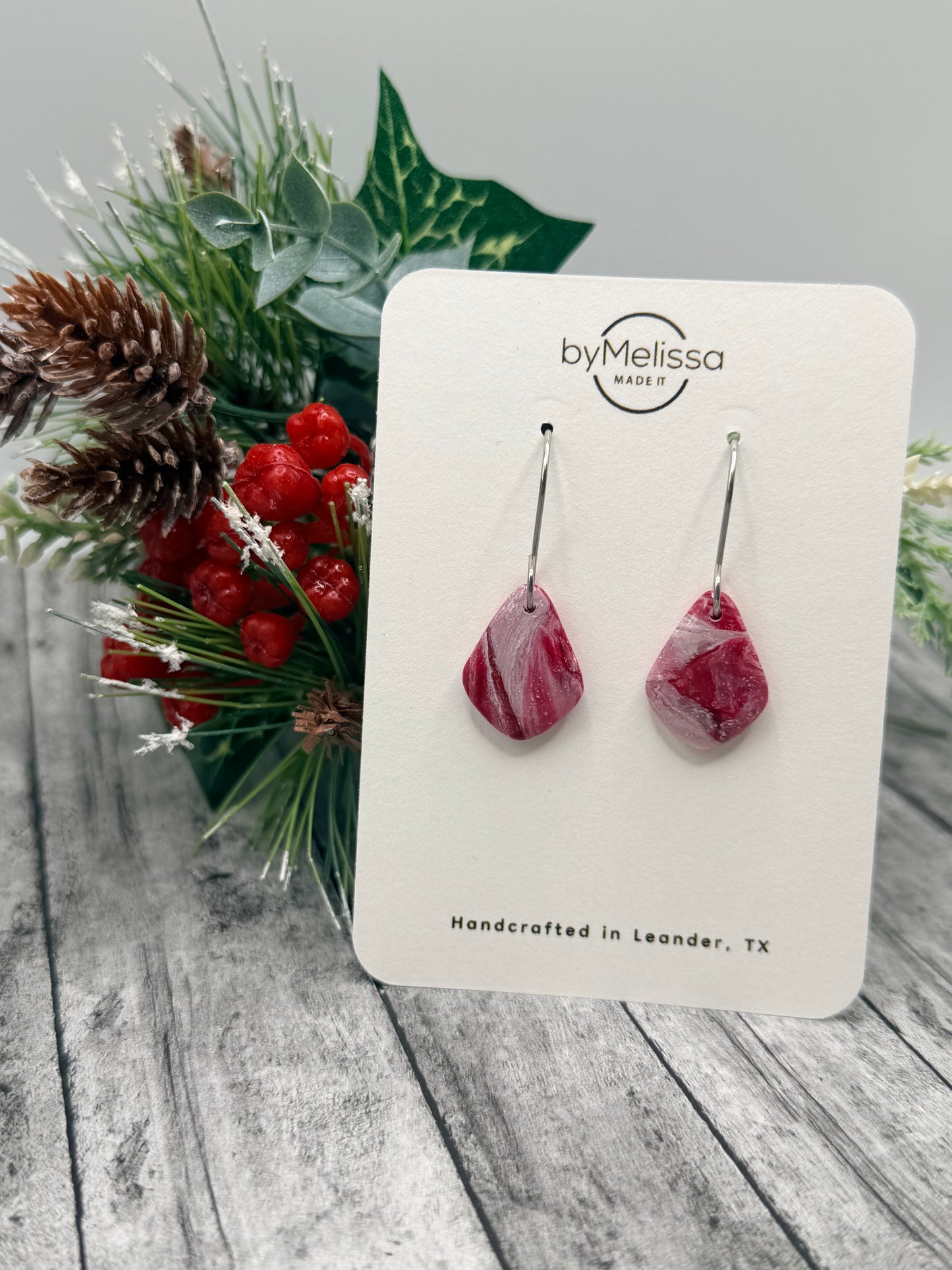 Red and White Petite Kite Drop Earrings in Silver