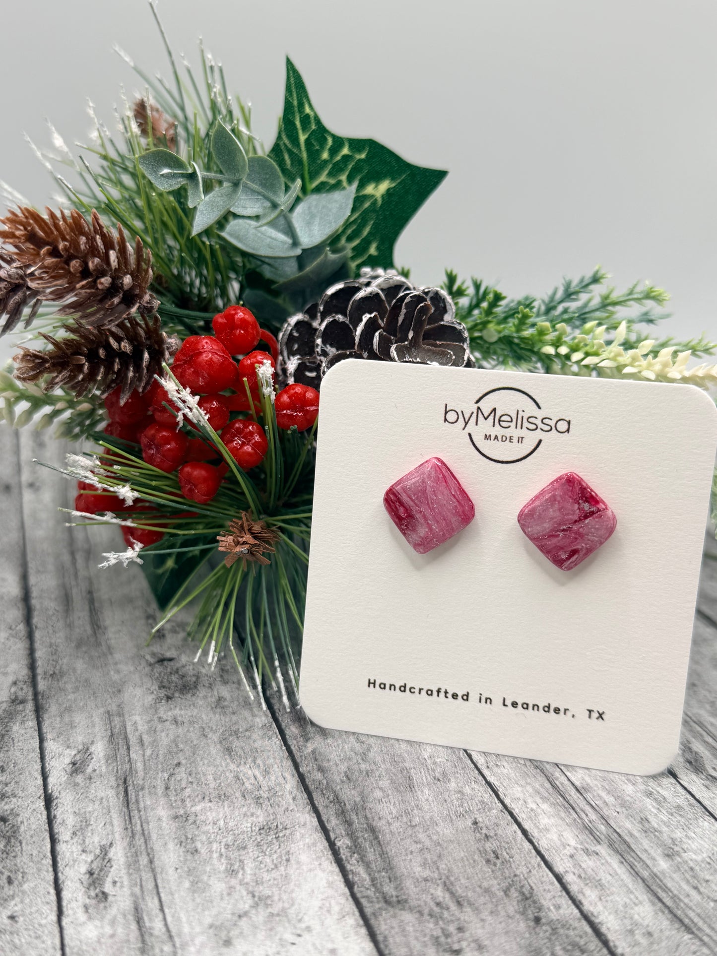 Red and White Rounded Square Stud Earrings
