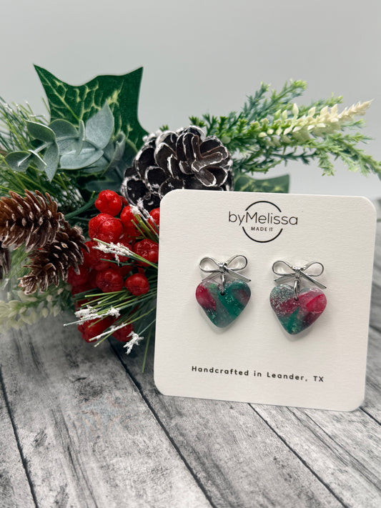 Red and Green Bowknot Heart Earrings in Silver