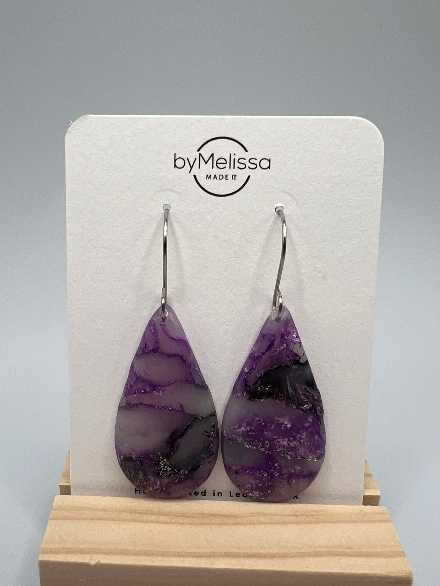 Purple and Black Small Teardrop Drop Earrings in Silver