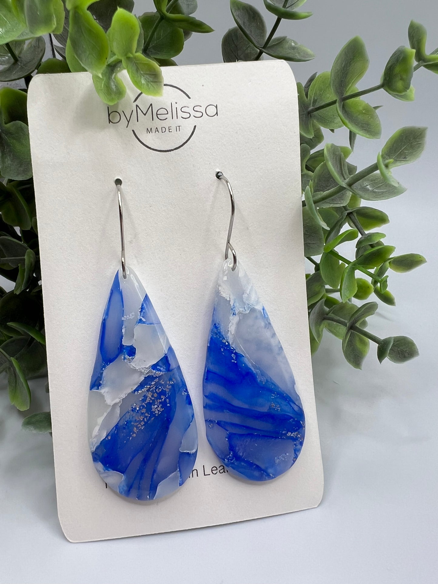 Blue and white handmade earrings large teardrop marble design