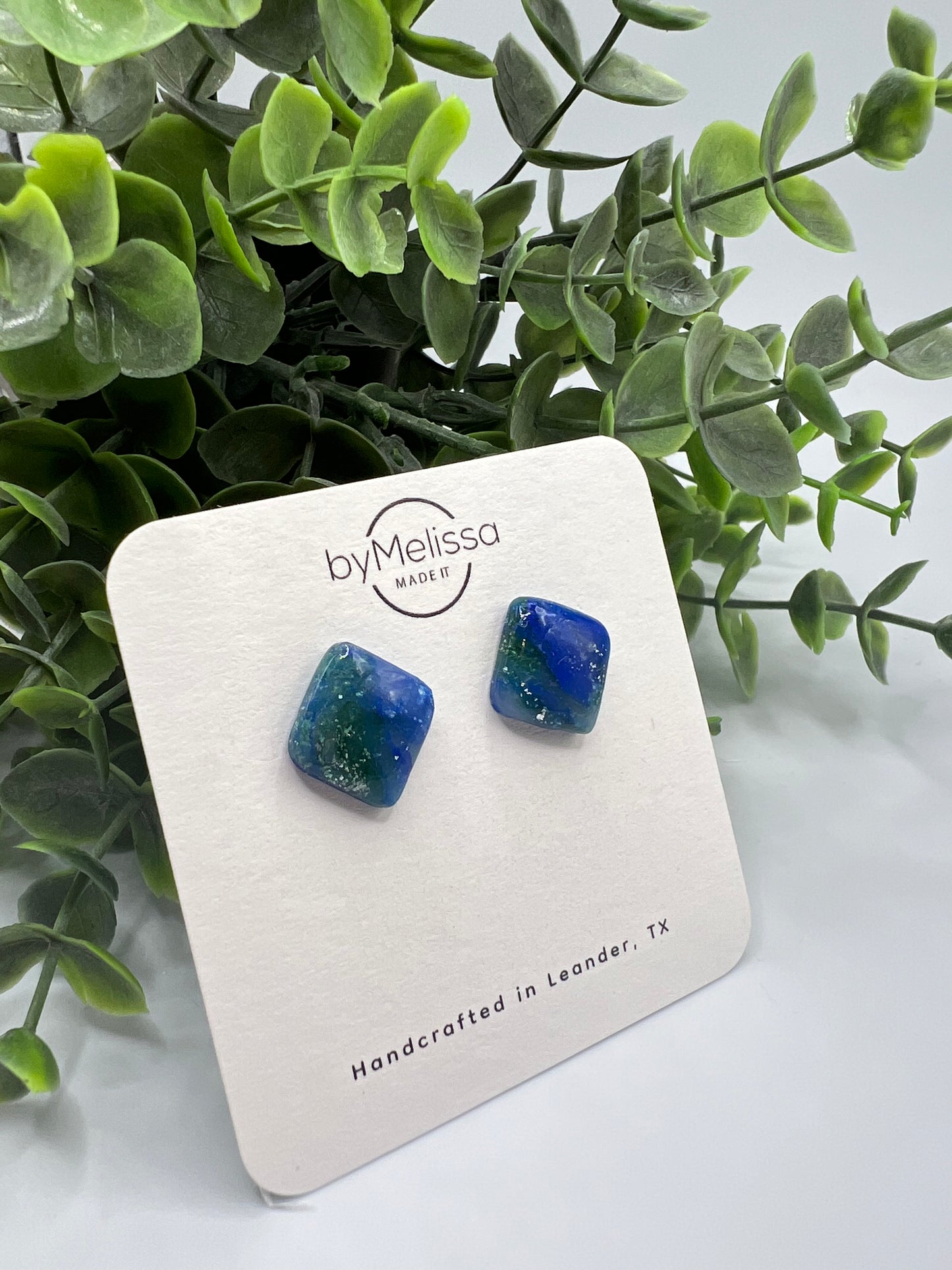 Forest Green and Blue Rounded Square Stud Earrings