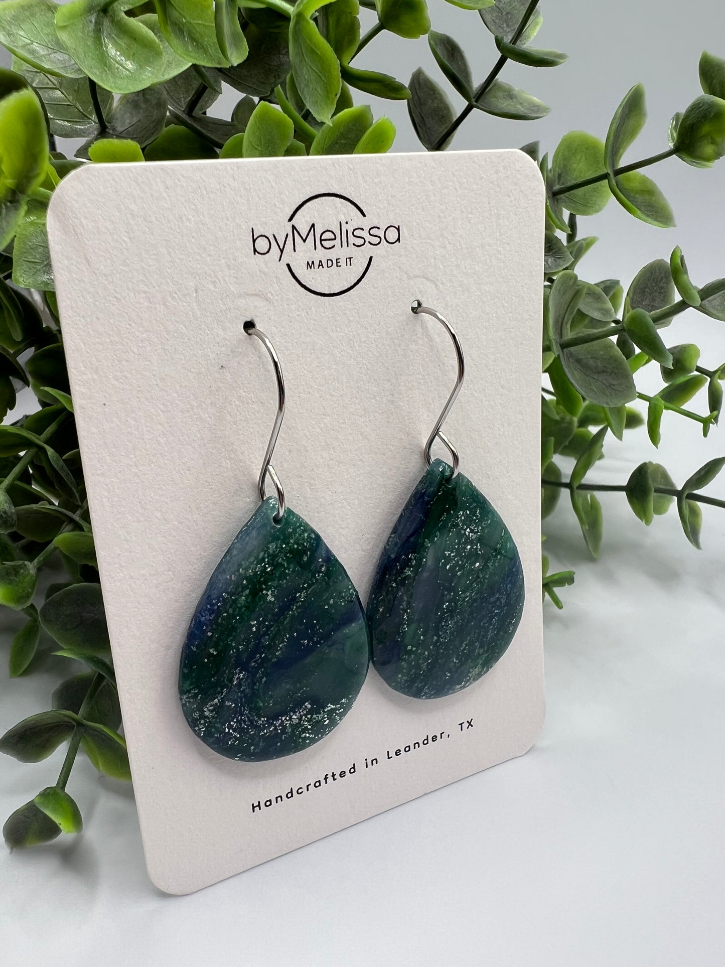 Forest Green and Blue Small Wide Teardrop Drop Earrings in Silver