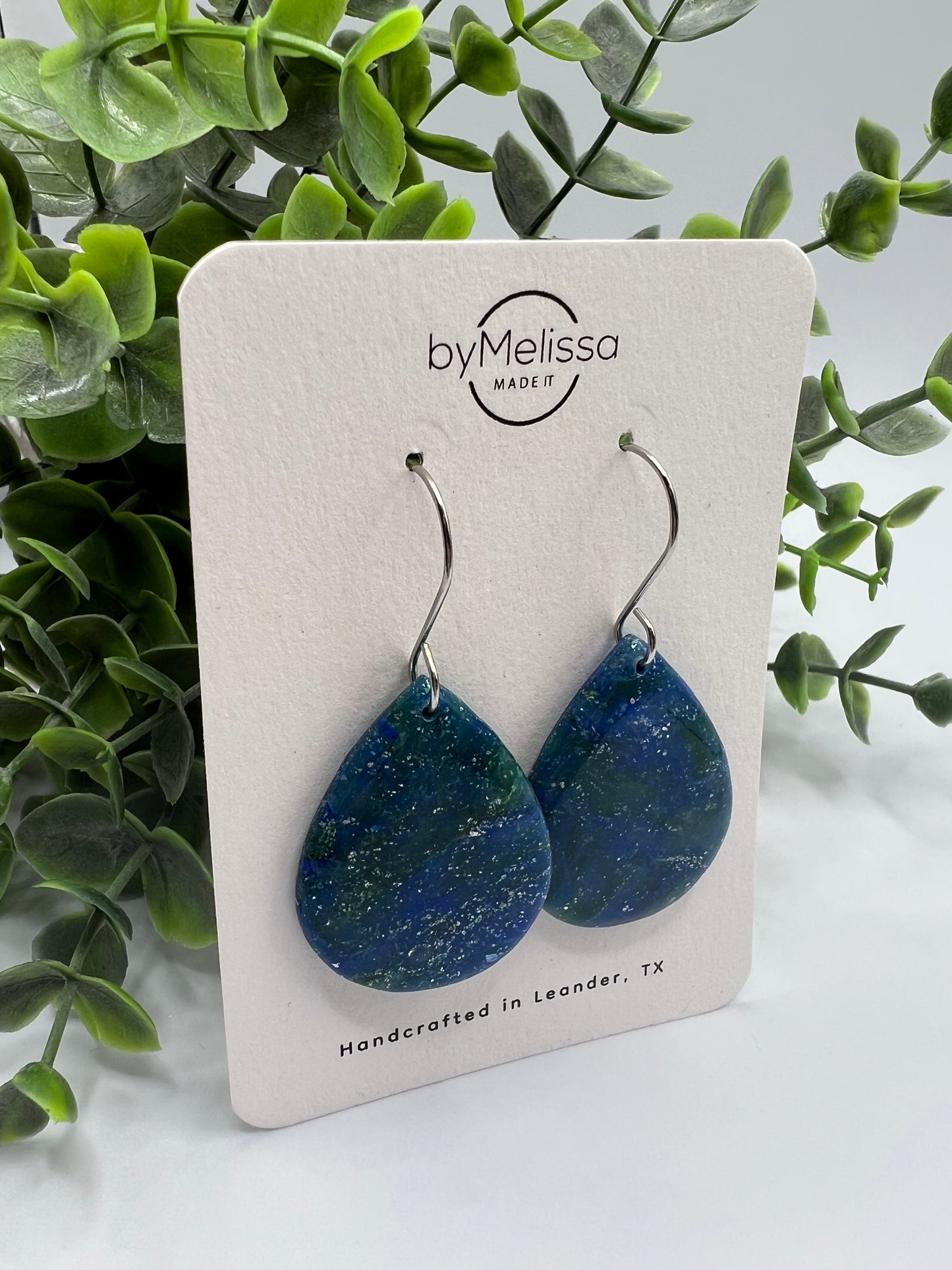 Forest Green and Blue Small Wide Teardrop Drop Earrings in Silver