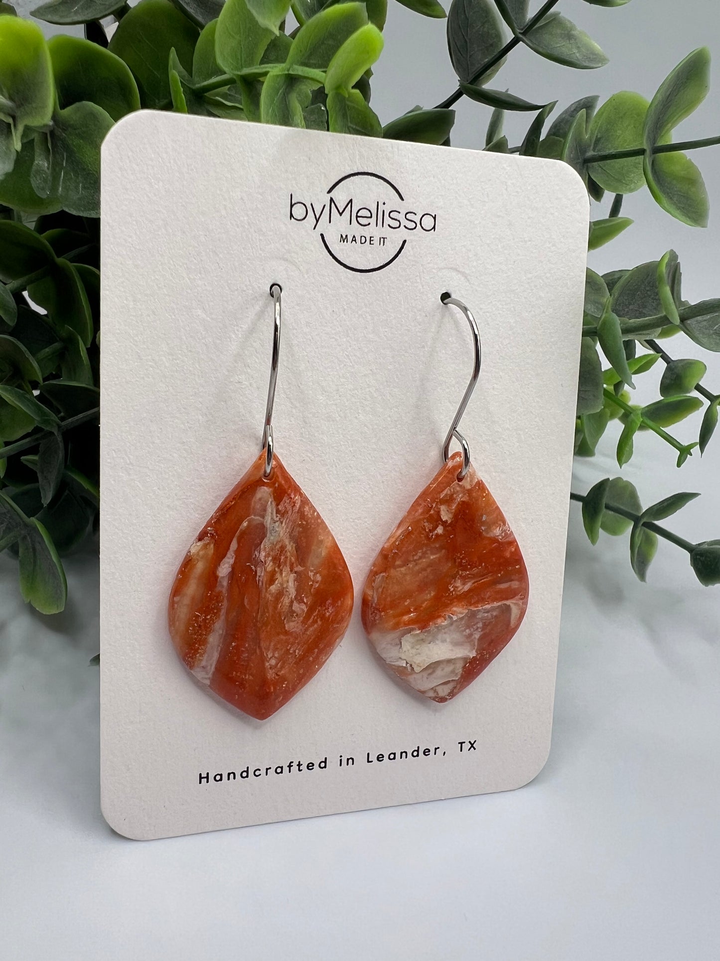Orange and White Small Wide Leaf Drop Earrings in Silver