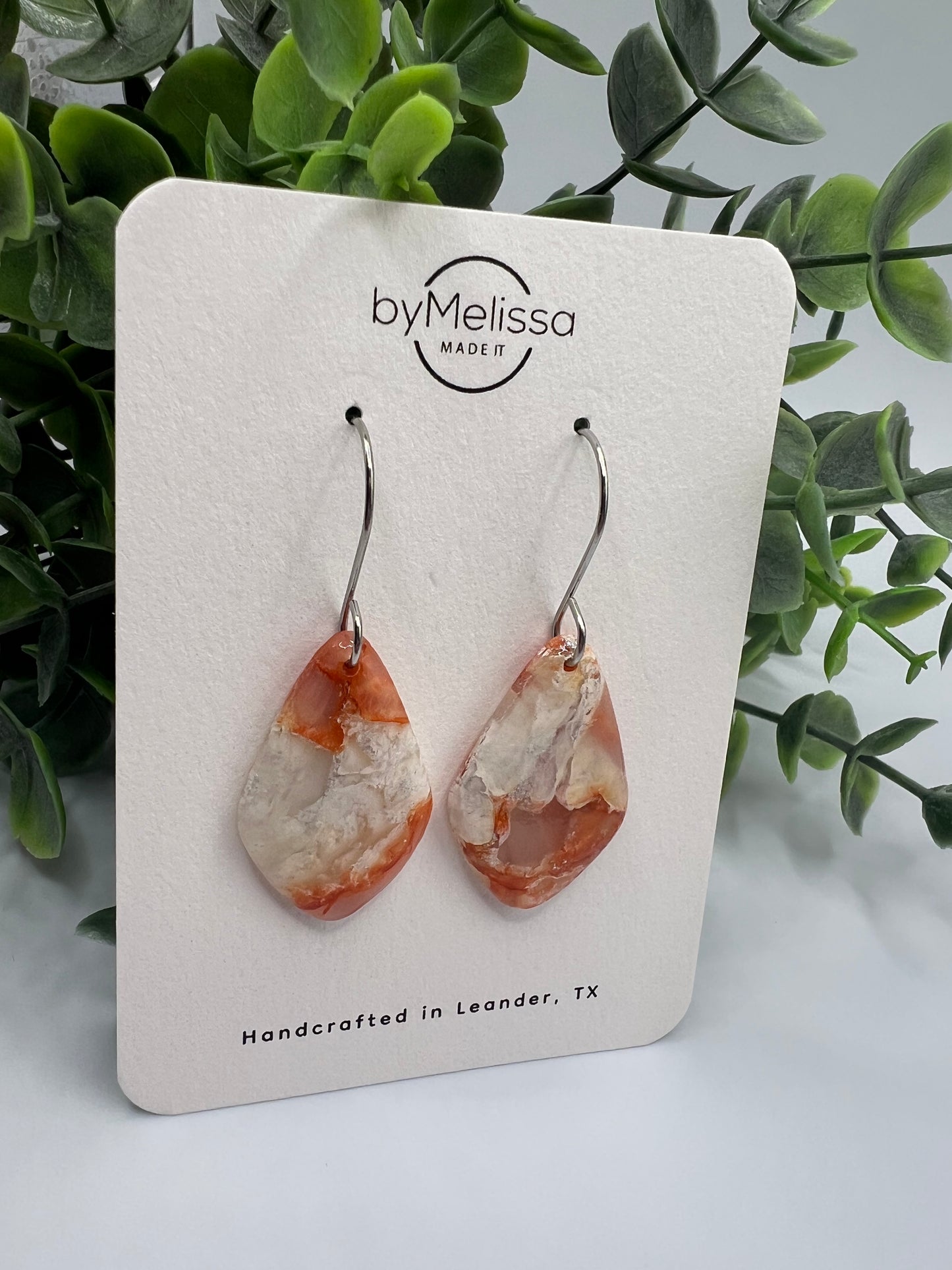 Orange and White Small Kite Drop Earrings in Silver