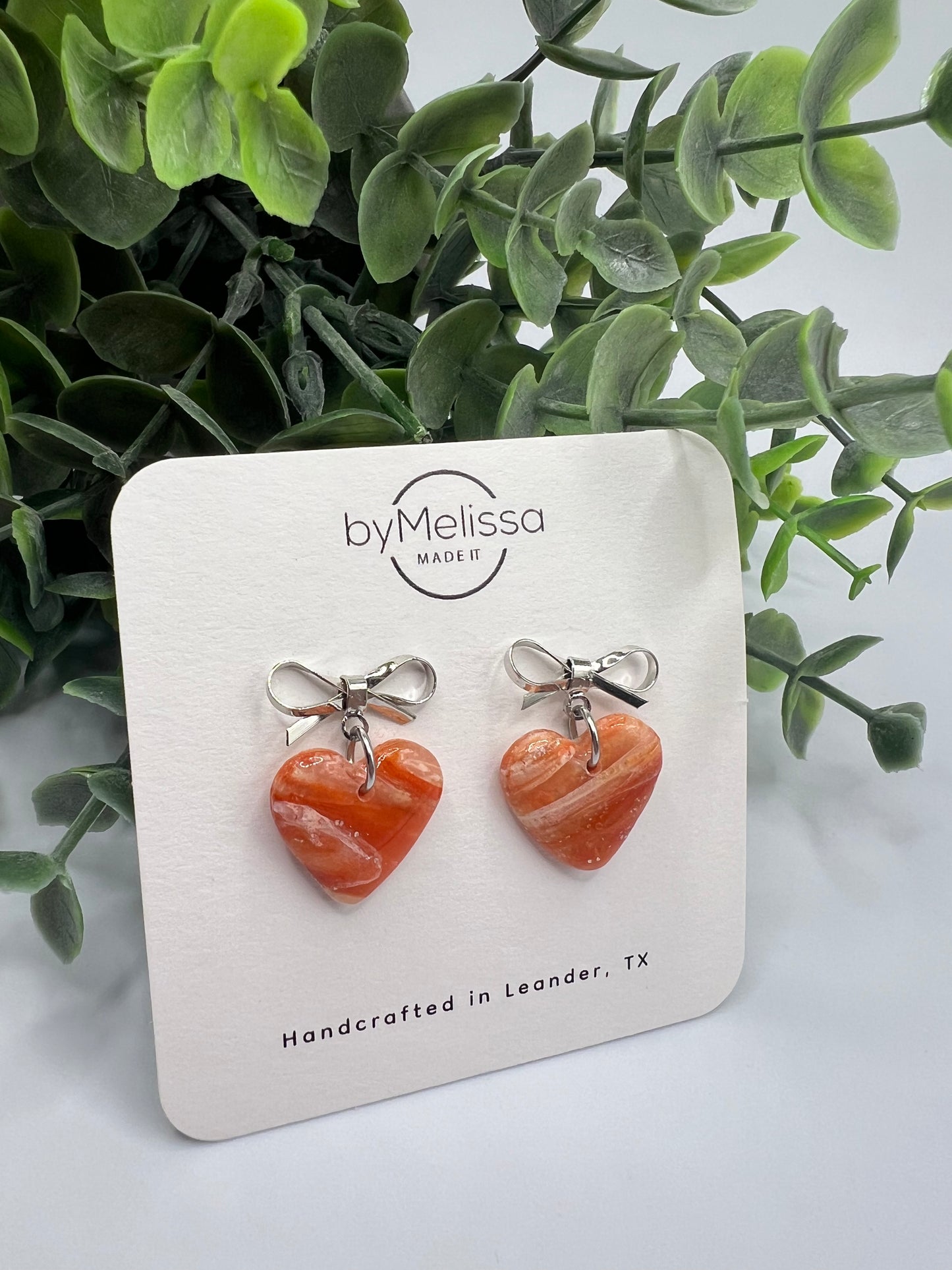 Orange and White Bowknot Heart Earrings in Silver