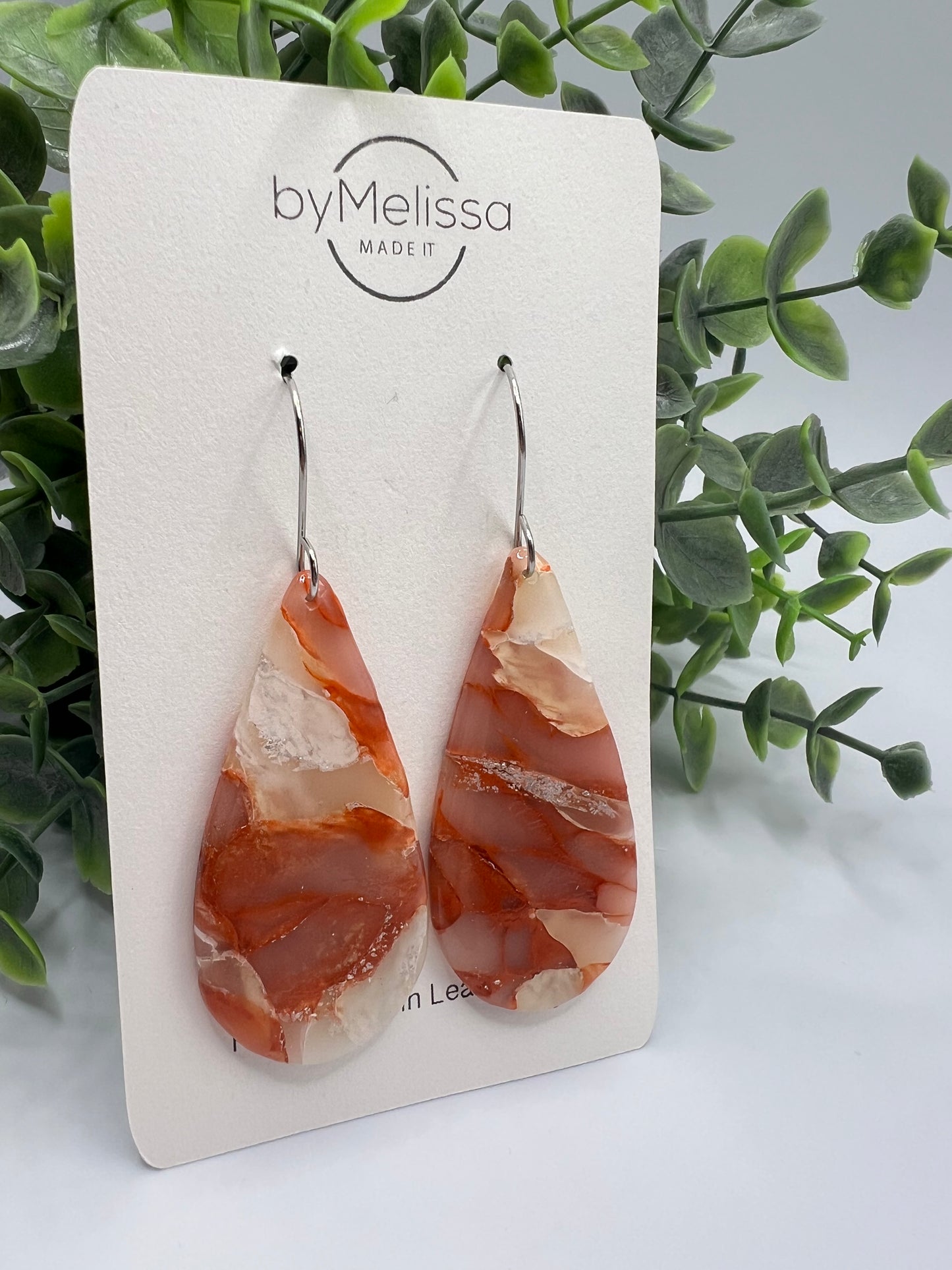 Orange and White Large Teardrop Drop Earrings in Silver