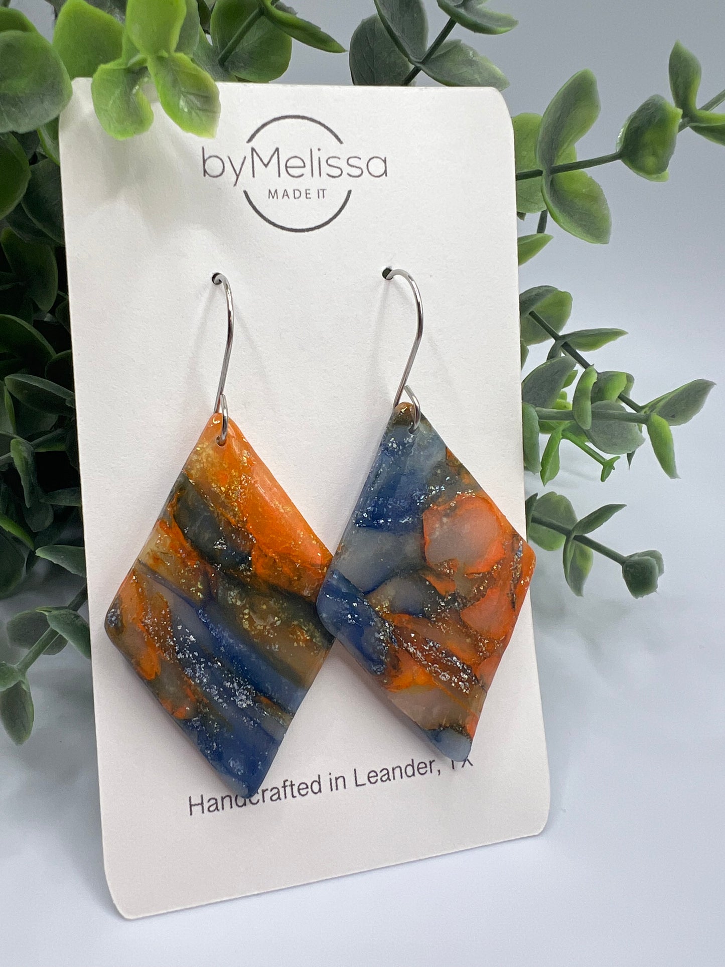Navy and Orange Large Diamond Drop Earrings in Silver