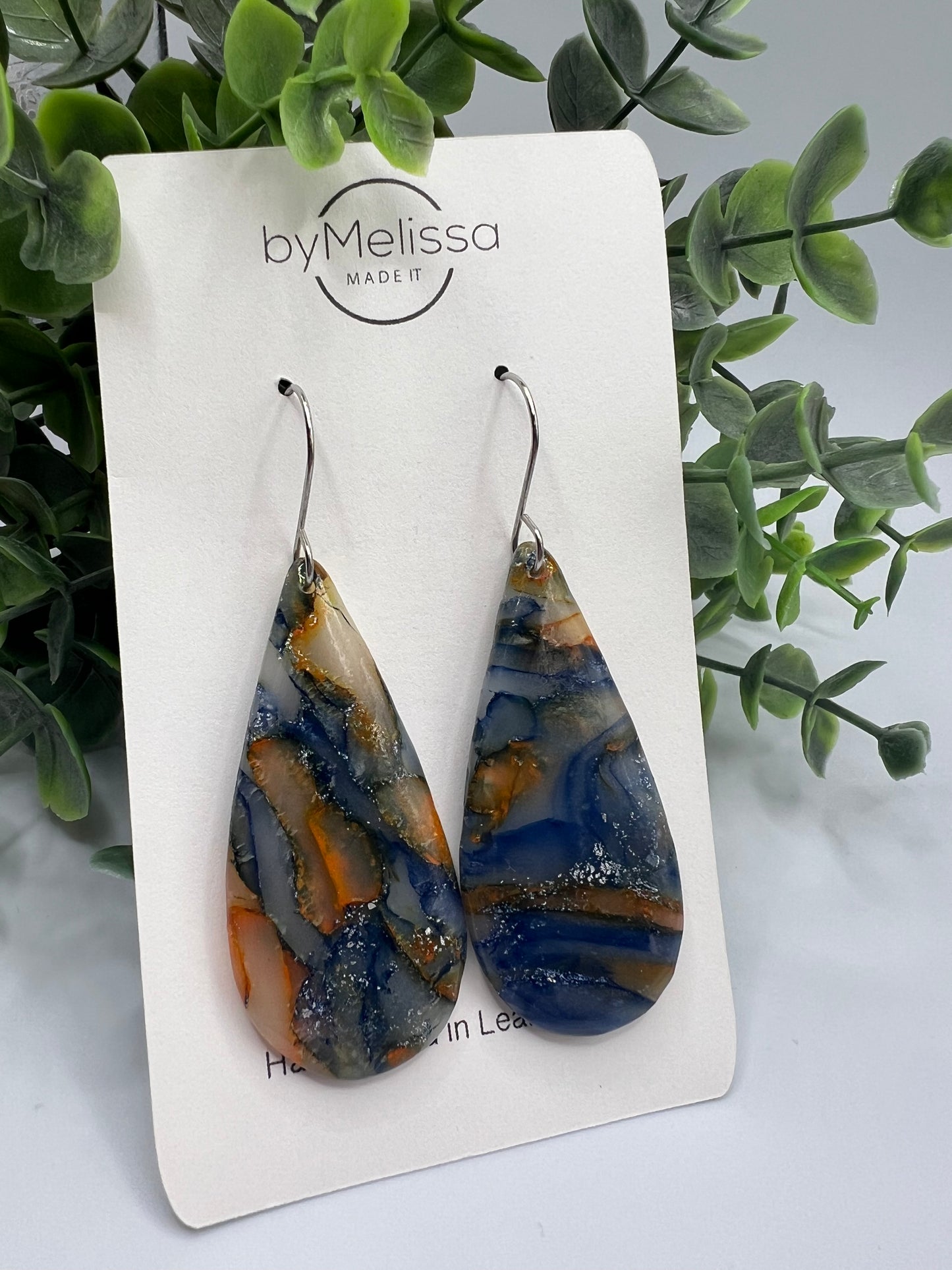 Navy and Orange Large Teardrop Drop Earrings in Silver