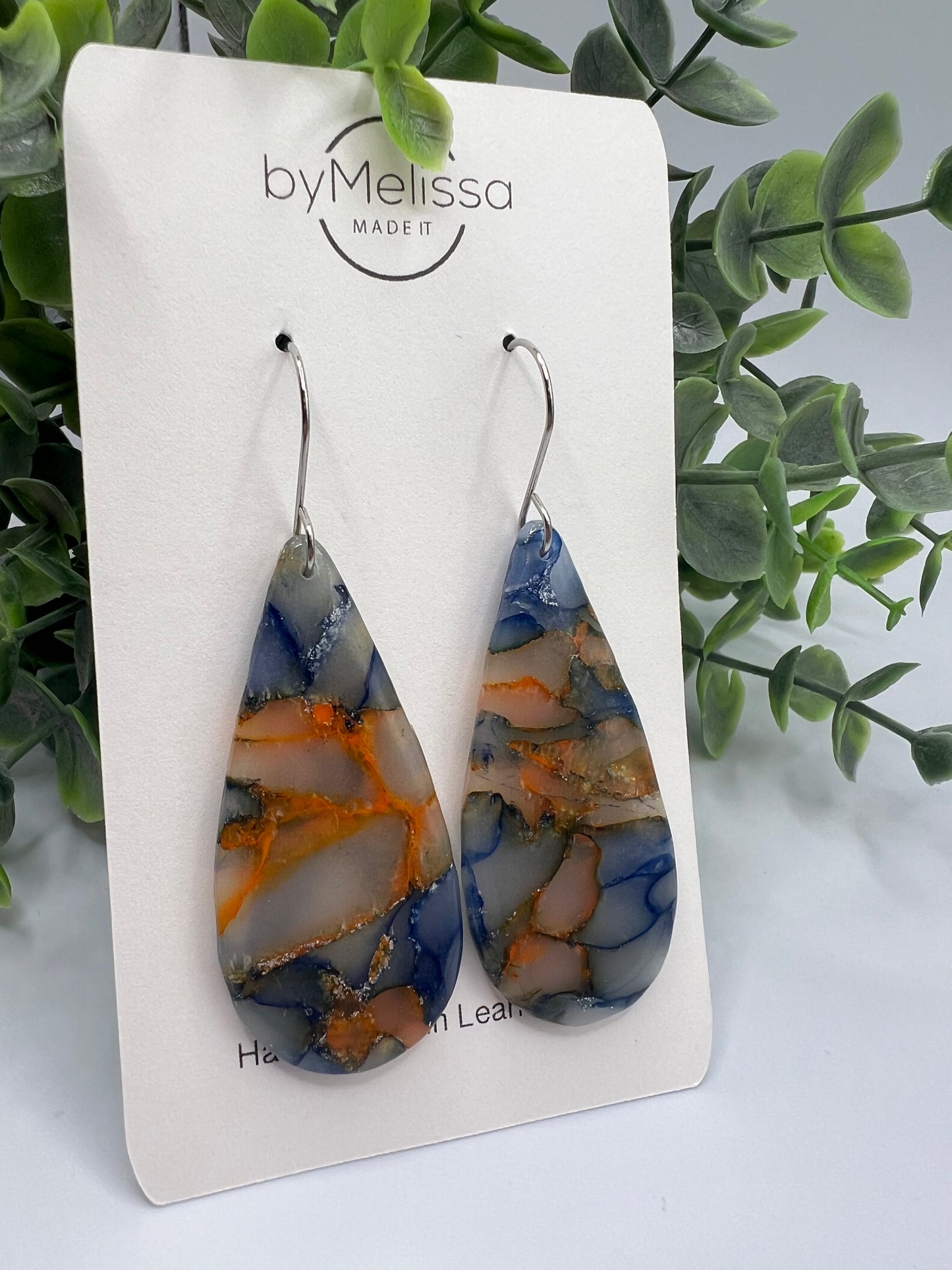 Navy and Orange Large Teardrop Drop Earrings in Silver