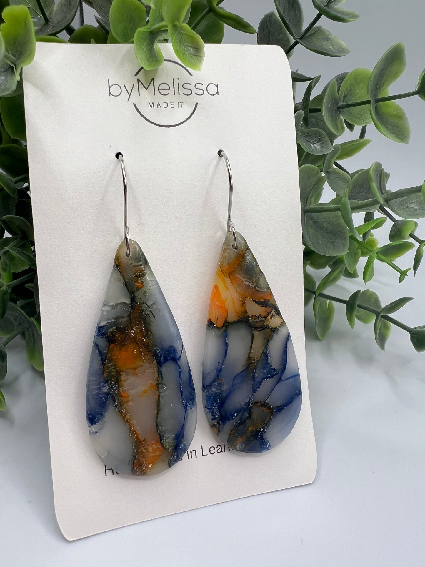Navy and Orange Large Teardrop Drop Earrings in Silver