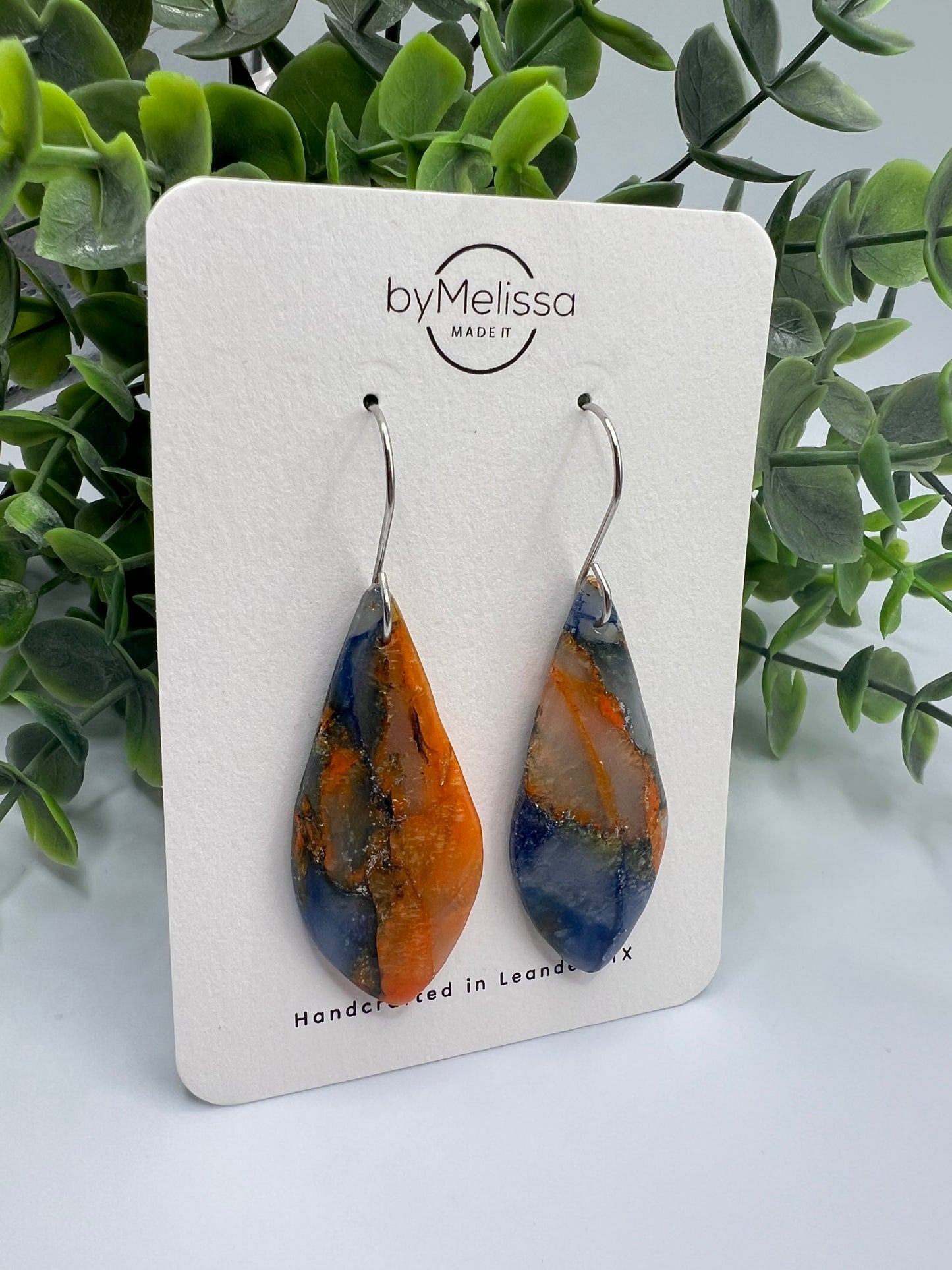Navy and Orange Small Elongated Kite Drop Earrings in Silver