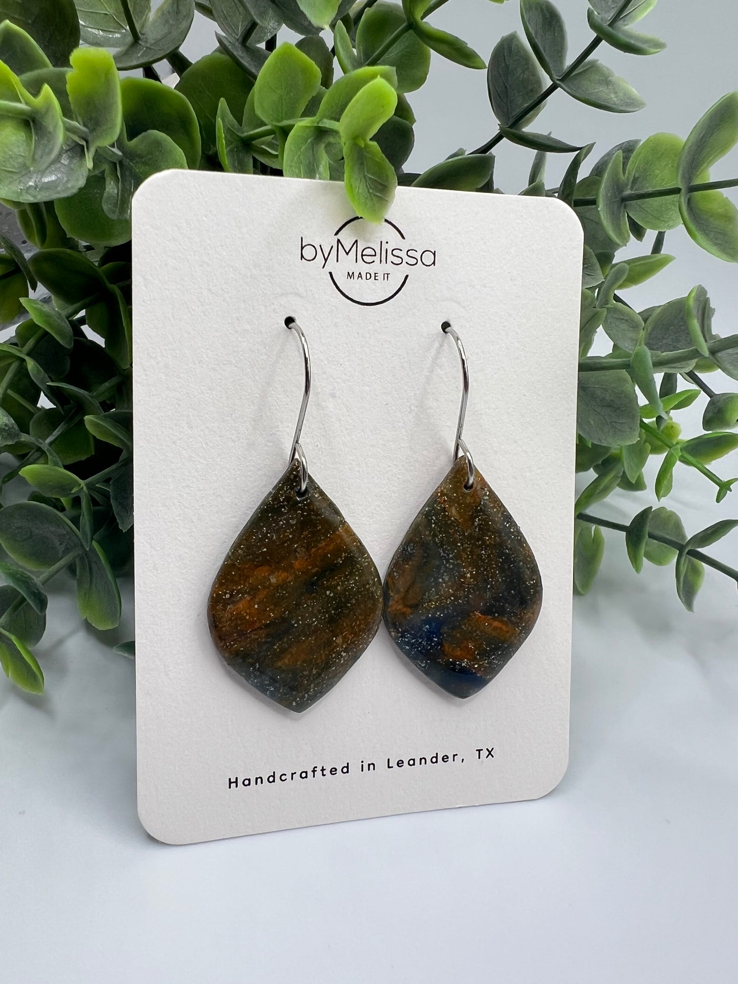 Navy and Orange Small Wide Leaf Drop Earrings in Silver