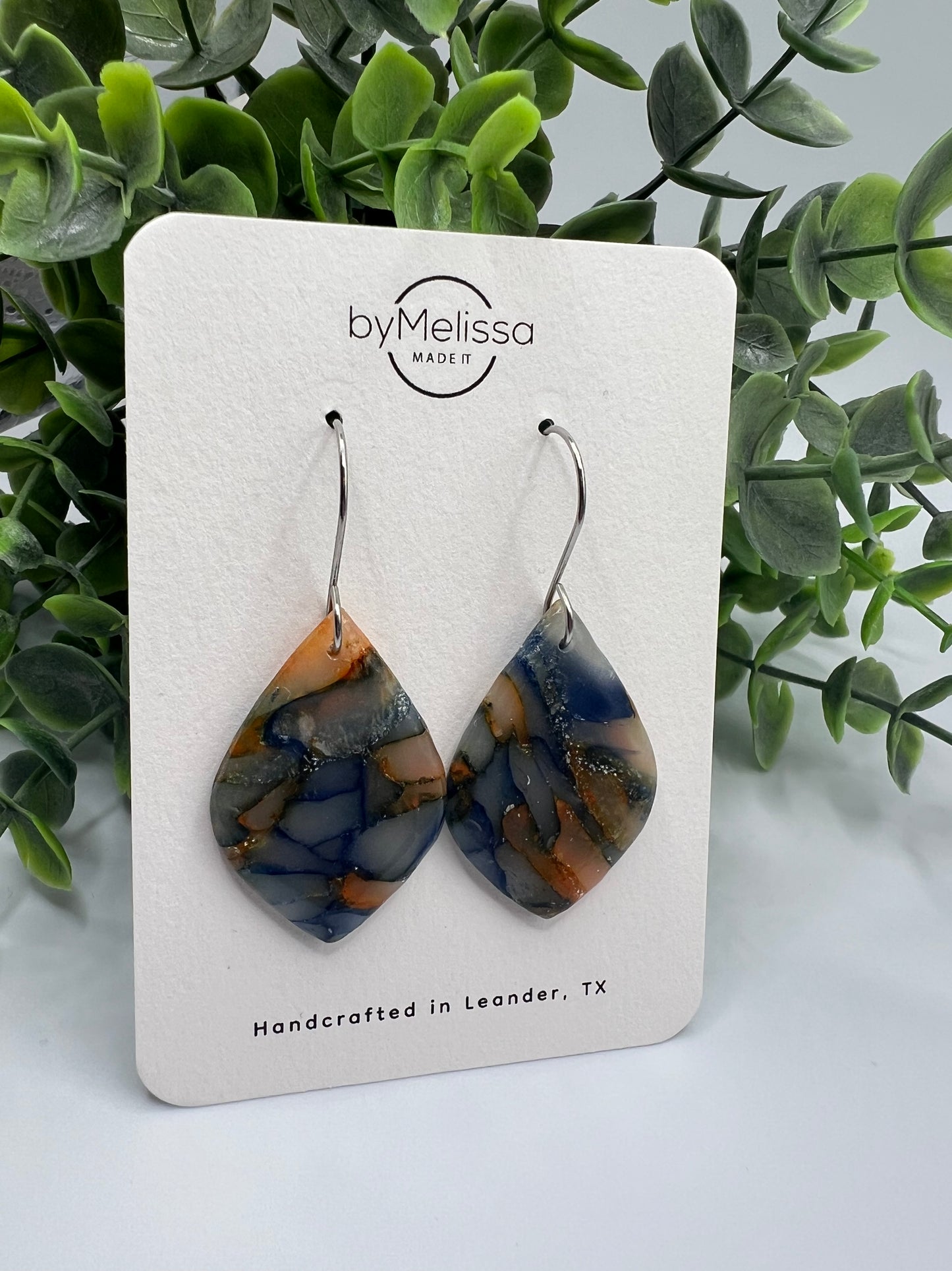 Navy and Orange Small Wide Leaf Drop Earrings in Silver
