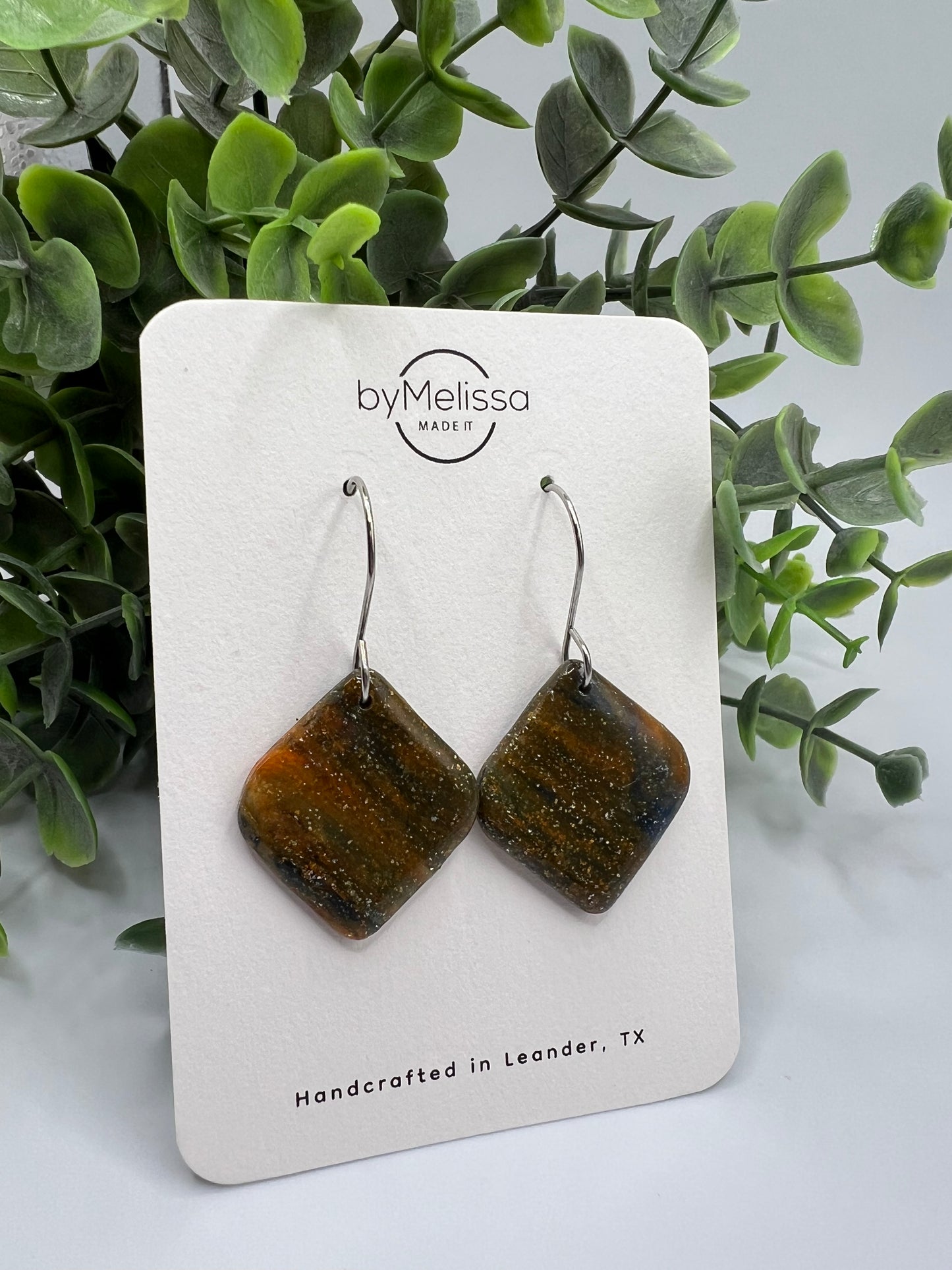 Navy and Orange Small Rounded Square Drop Earrings in Silver