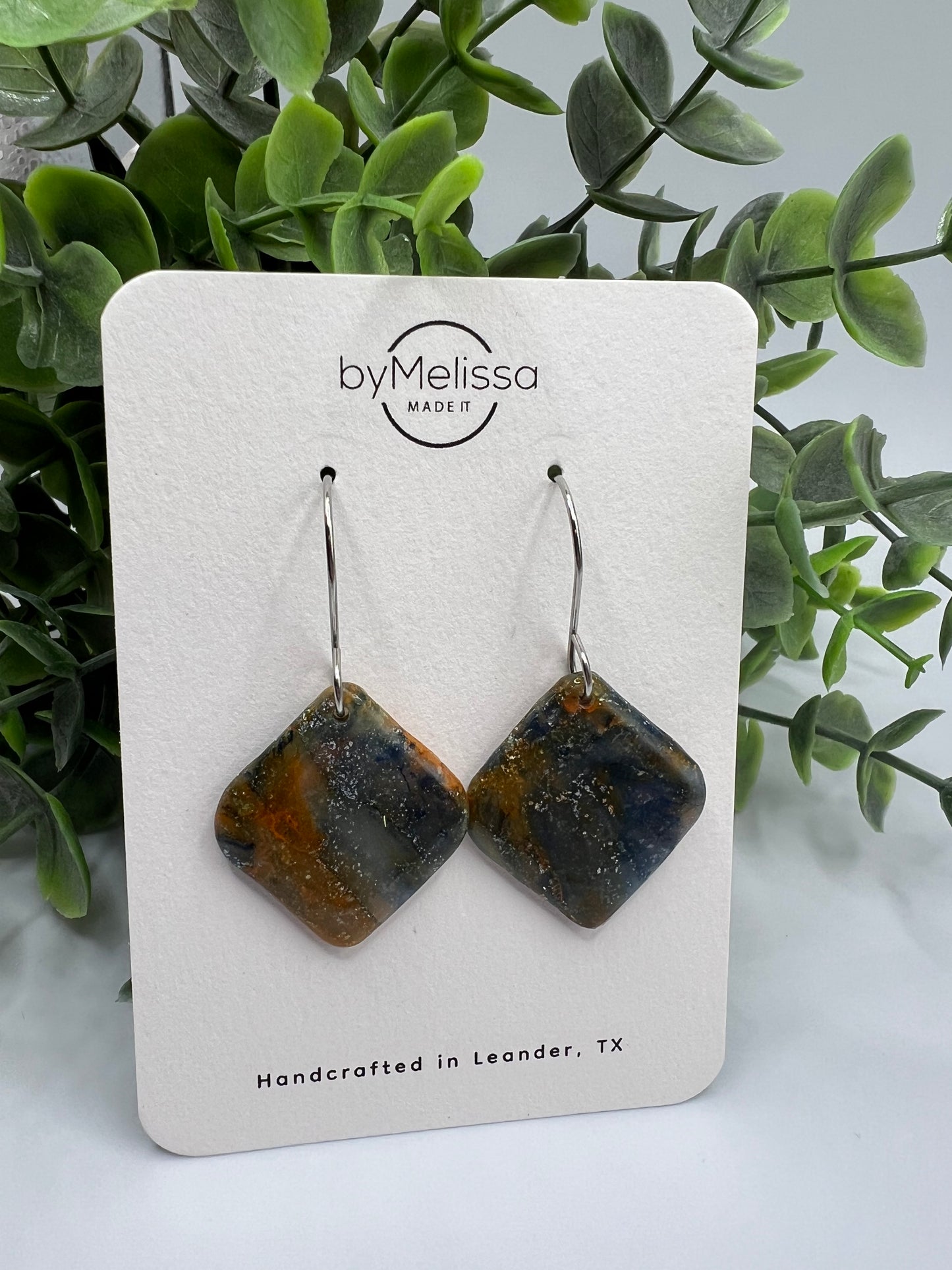 Navy and Orange Small Rounded Square Drop Earrings in Silver