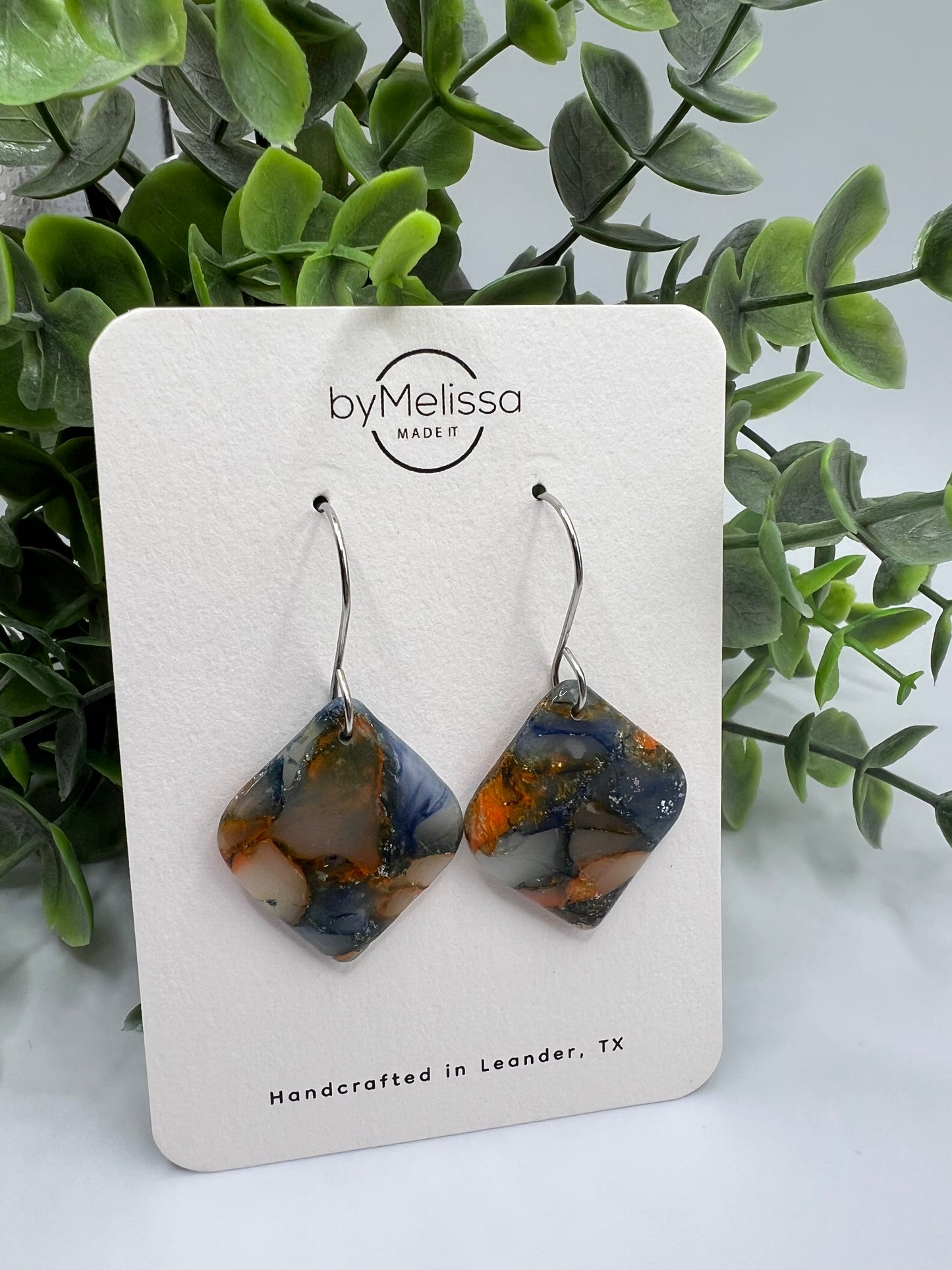 Navy and Orange Small Rounded Square Drop Earrings in Silver