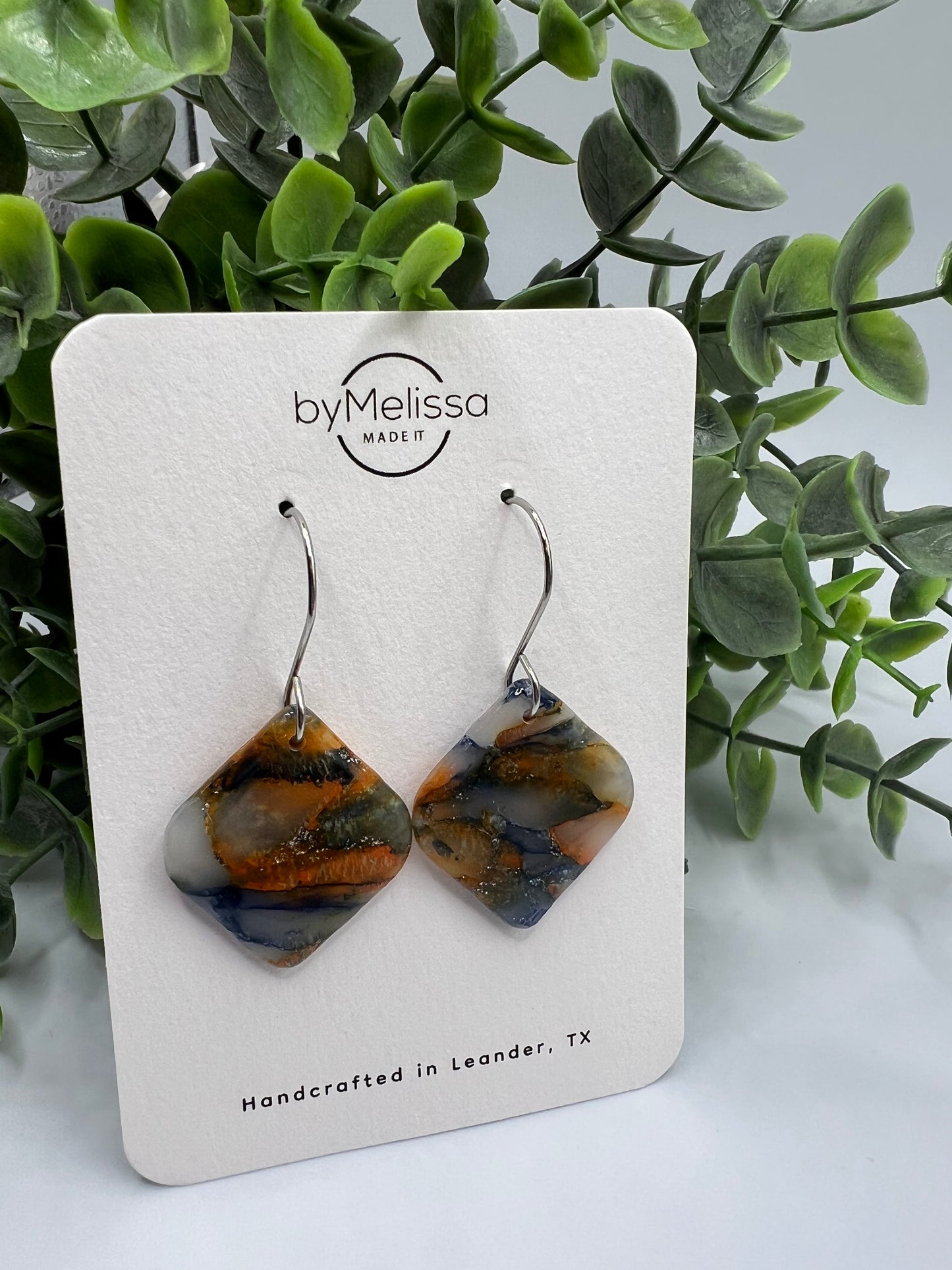 Navy and Orange Small Rounded Square Drop Earrings in Silver
