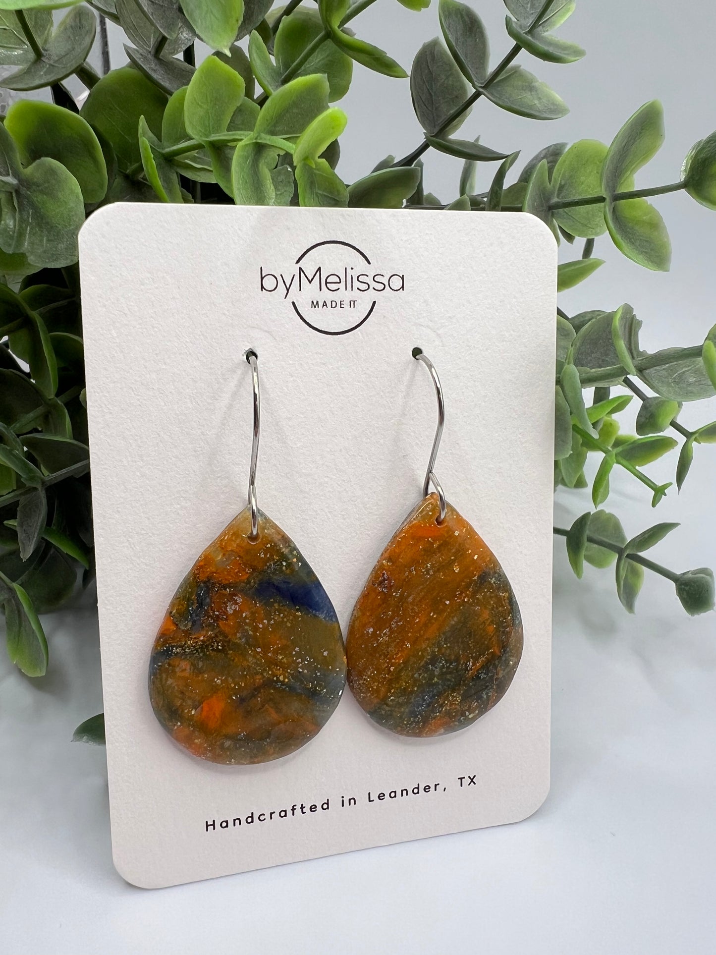 Navy and Orange Small Wide Teardrop Drop Earrings in Silver