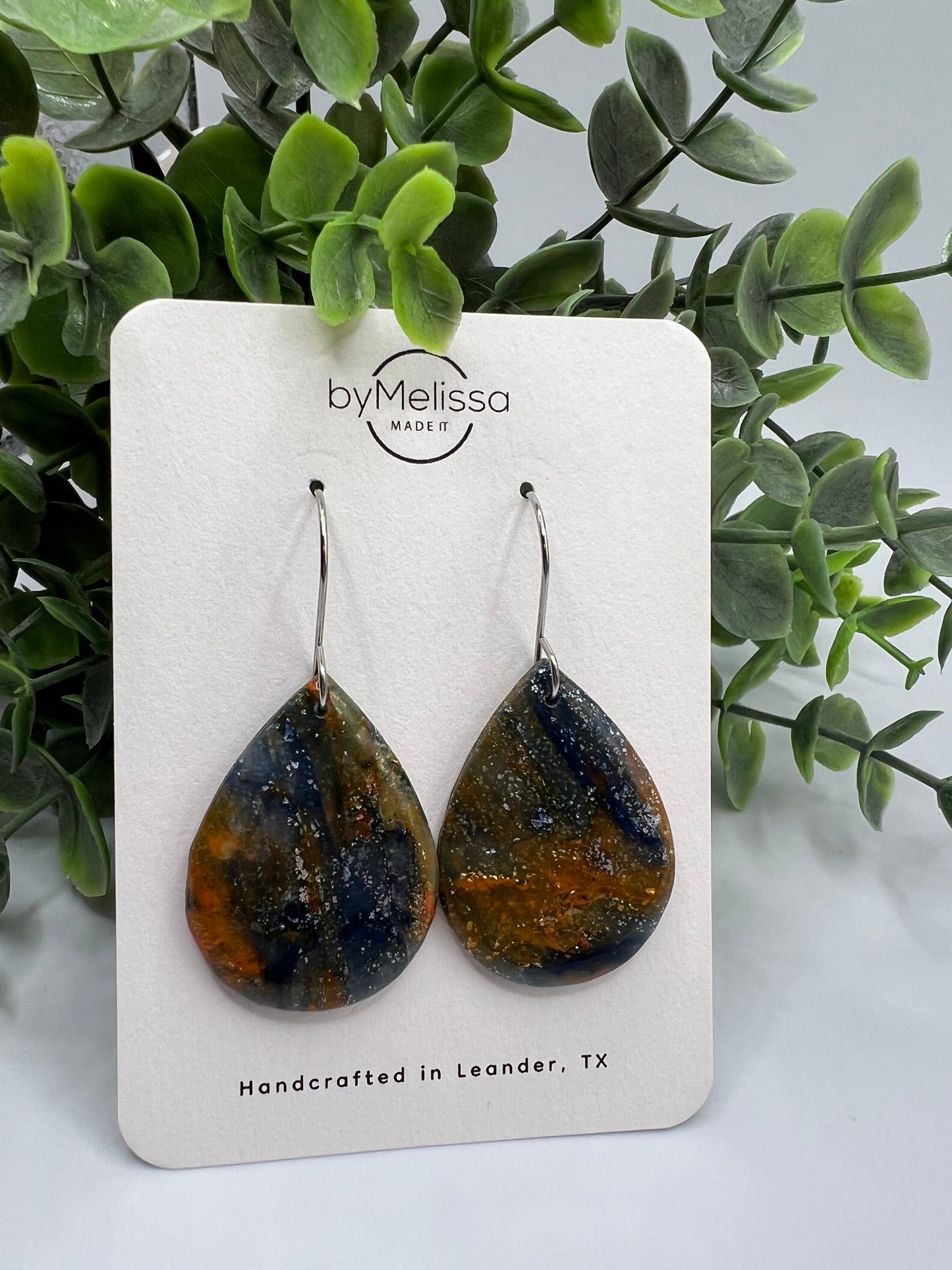 Navy and Orange Small Wide Teardrop Drop Earrings in Silver