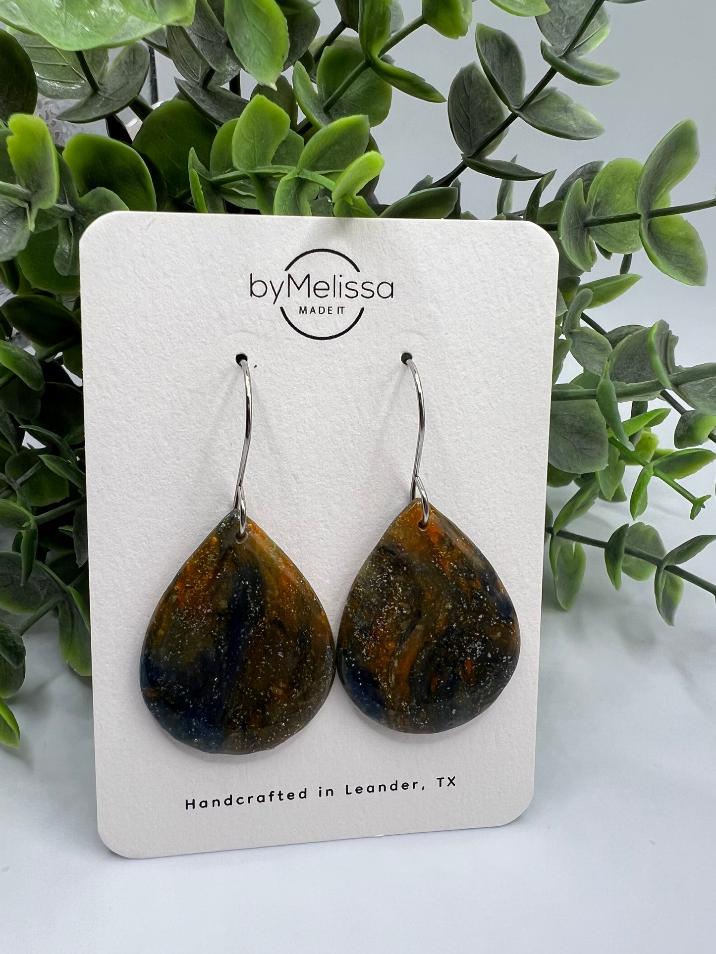 Navy and Orange Small Wide Teardrop Drop Earrings in Silver