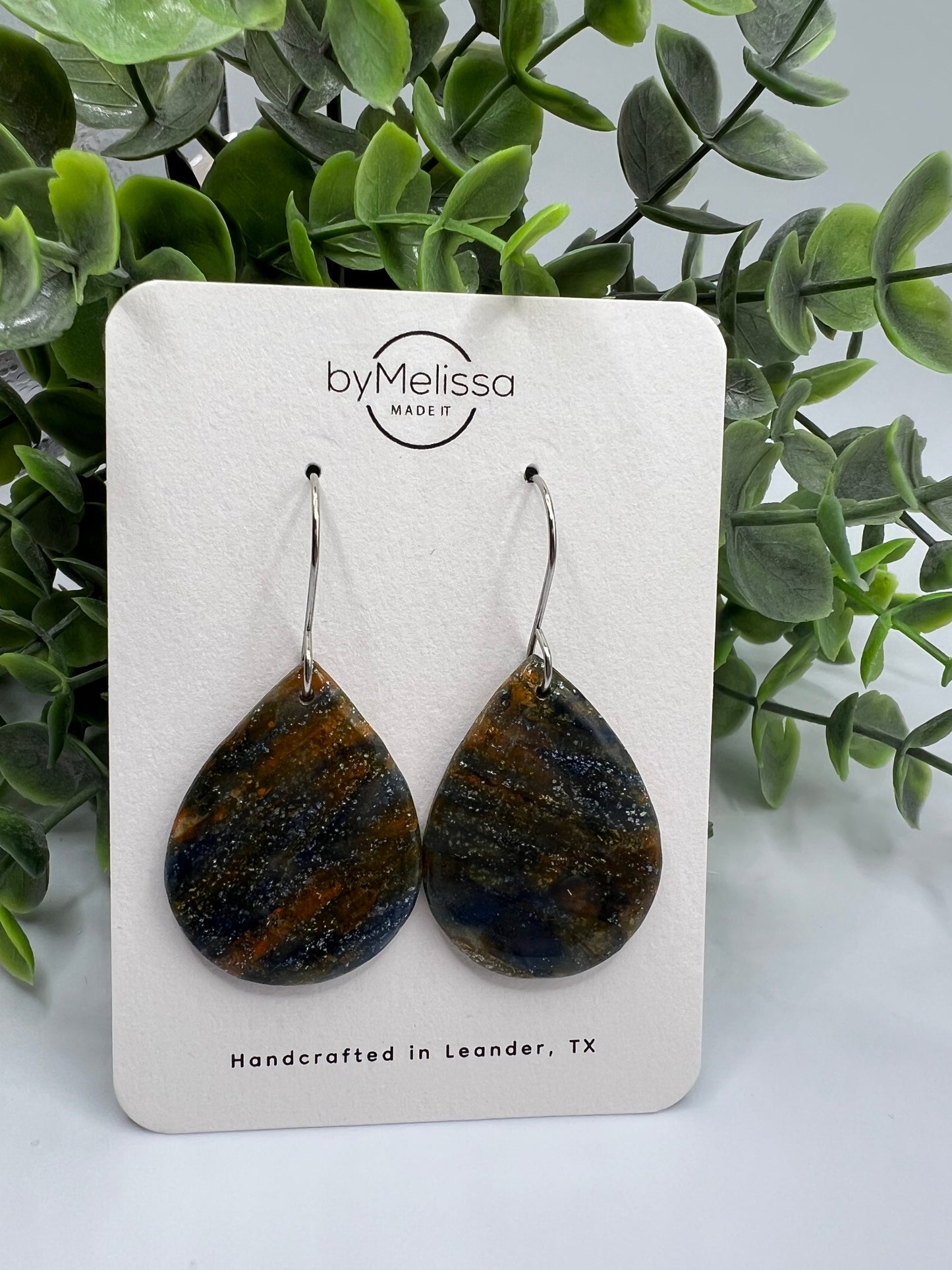 Navy and Orange Small Wide Teardrop Drop Earrings in Silver