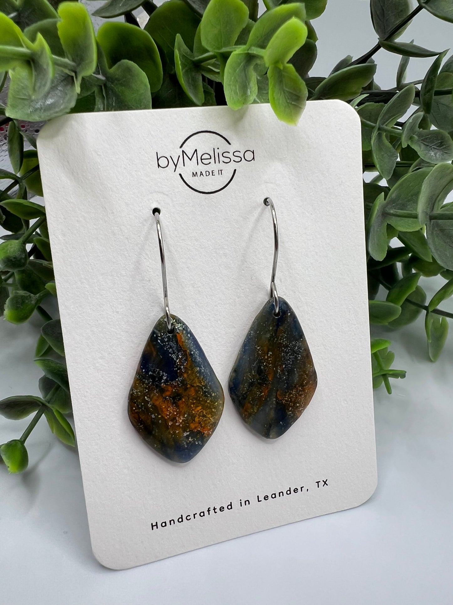 Navy and Orange Small Kite Drop Earrings in Silver