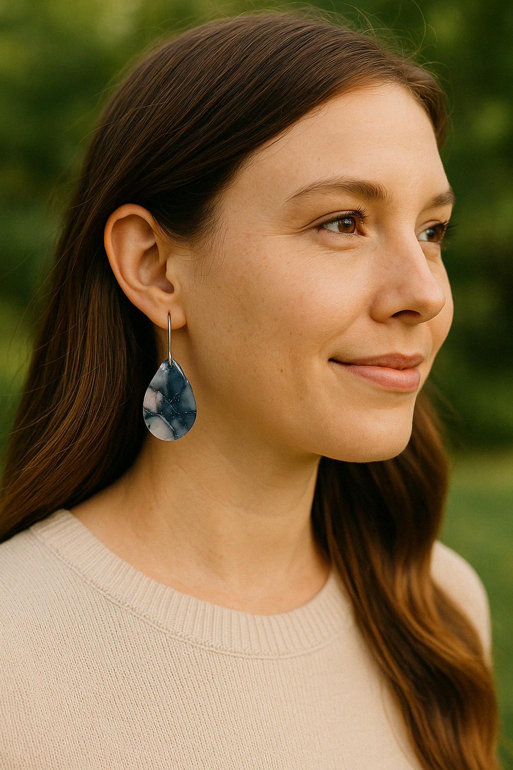 Navy and Light Pink Small Wide Teardrop Drop Earrings in Silver