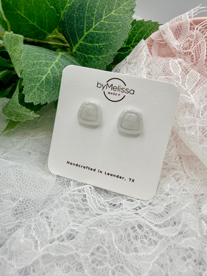 White and Silver Small Embedded Polygon Stud Earrings