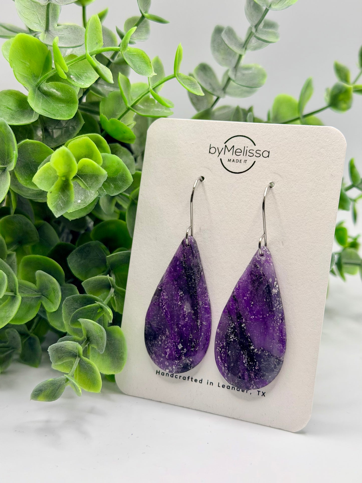 Purple and Black Small Teardrop Drop Earrings in Silver
