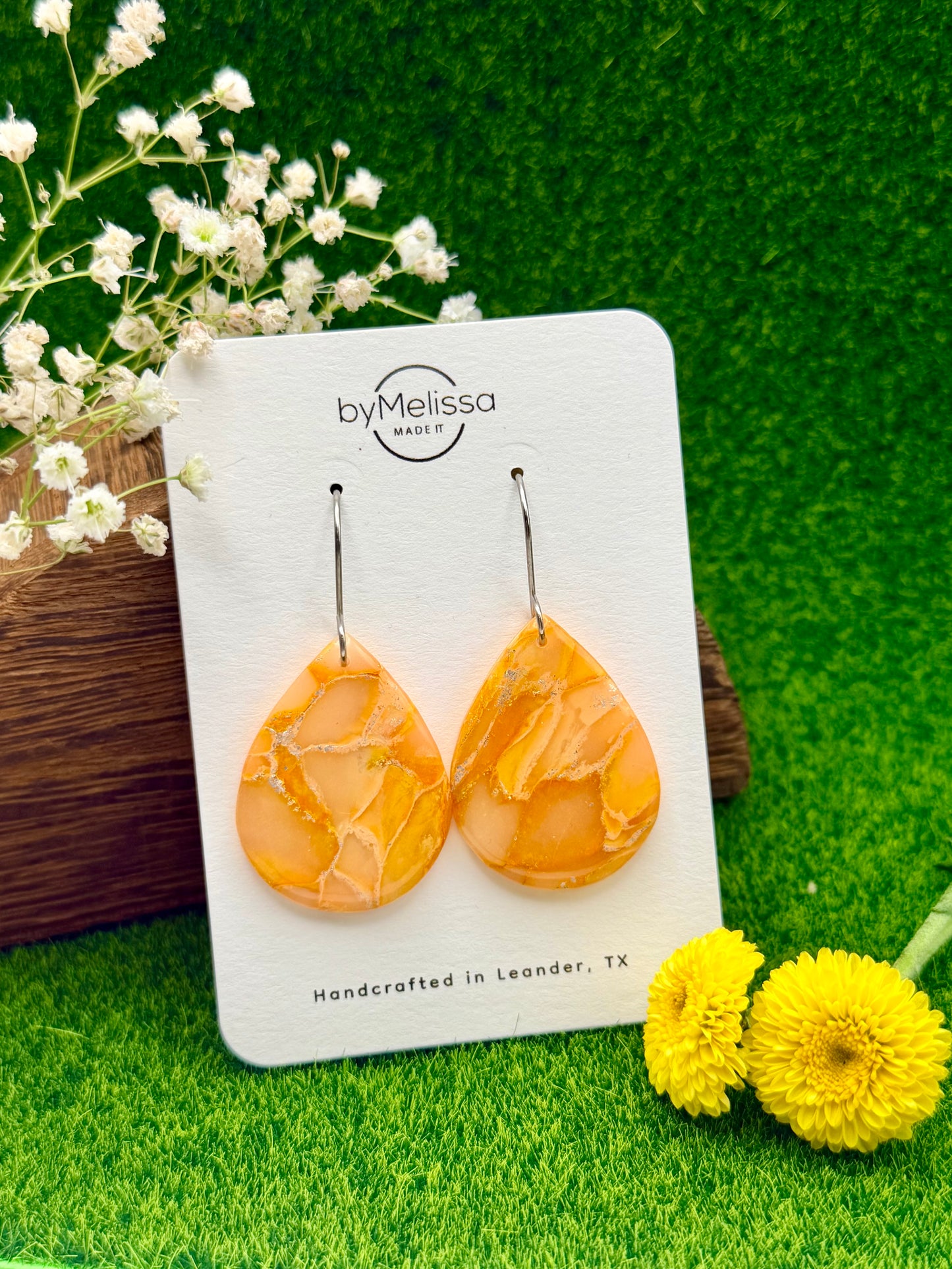 Orange Small Wide Teardrop Drop Earrings in Silver