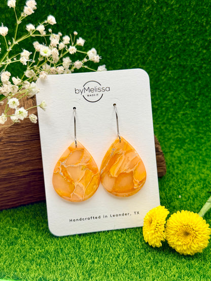 Orange Small Wide Teardrop Drop Earrings in Silver