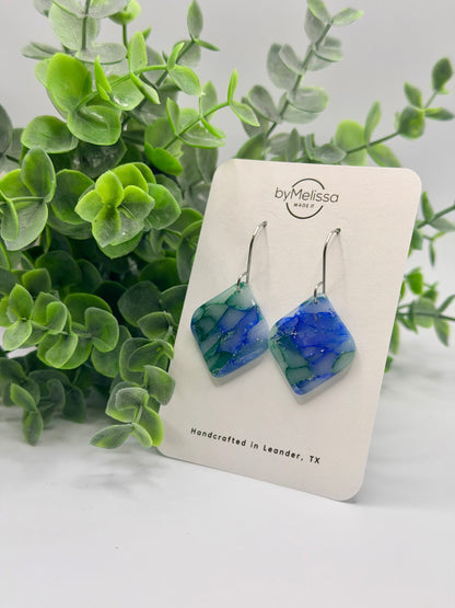 Forest Green and Blue Small Rounded Square Drop Earrings in Silver