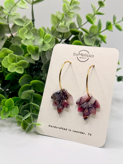 Maroon and Black Small Feather Hoop Earrings in Gold