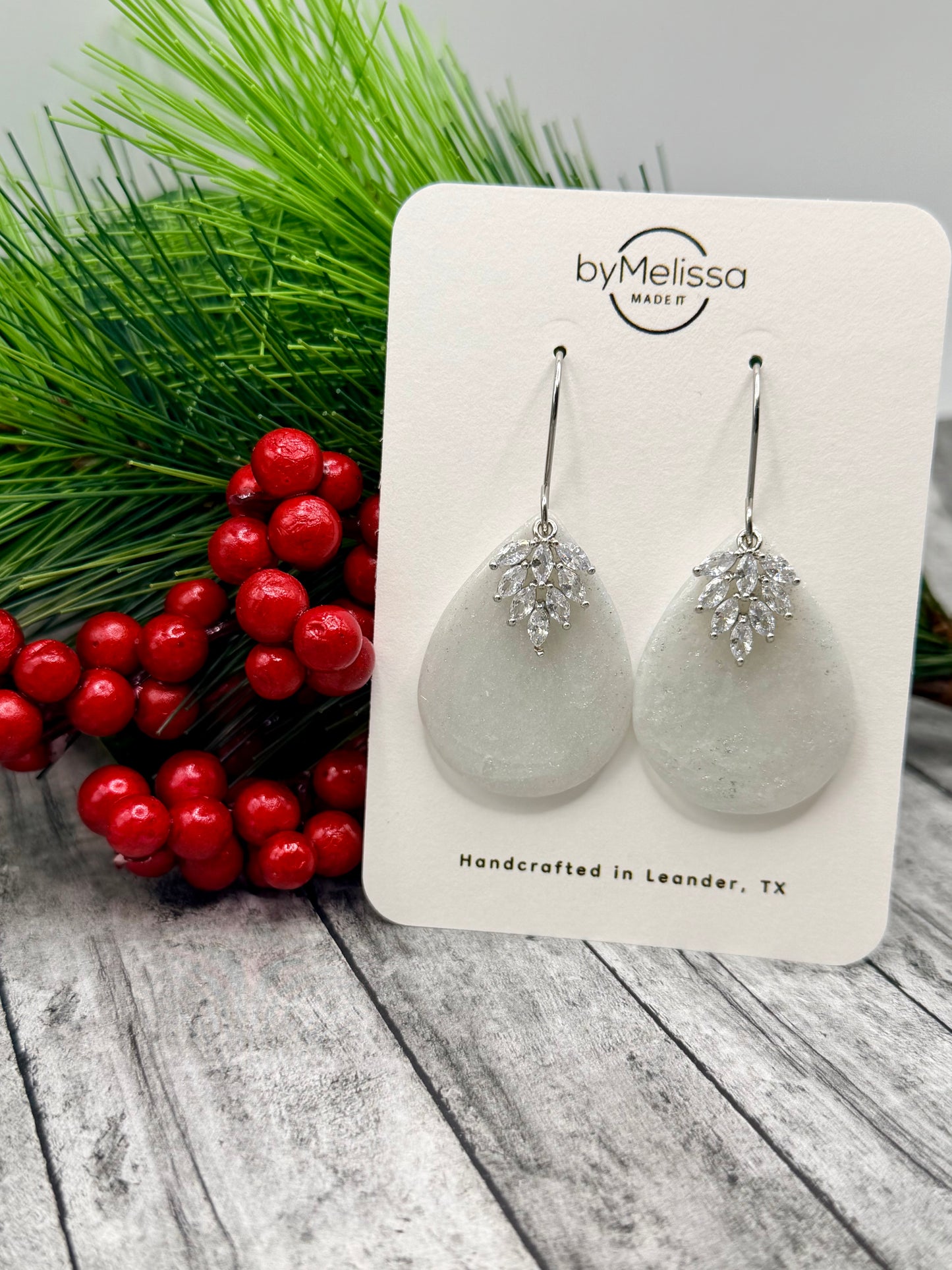 White and Silver Small Wide Teardrop Drop Earrings with Feather Charm