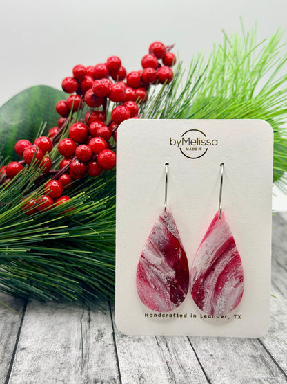 Red and White Small Teardrop Drop Earrings in Silver