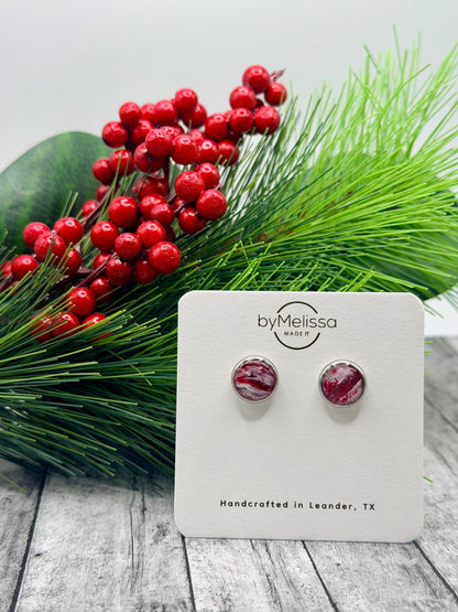 Red and White Circle Bezel Stud Earrings in Silver