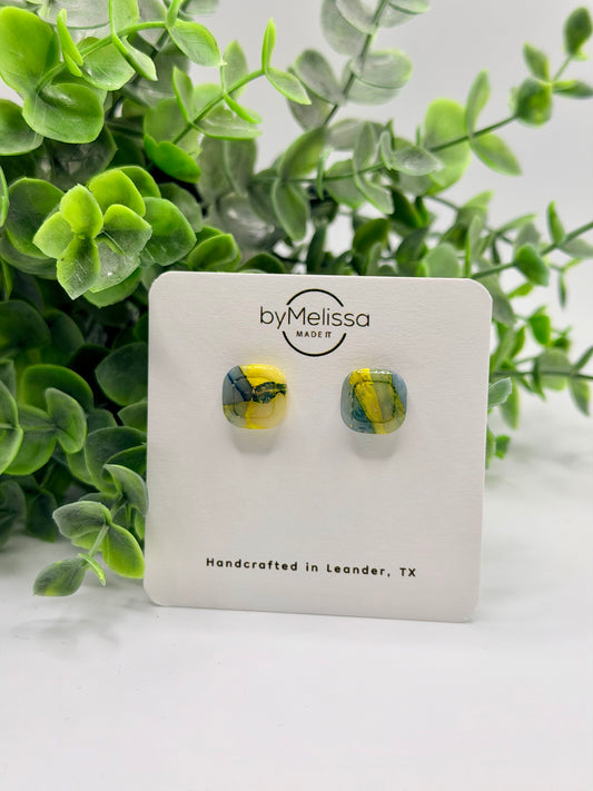 Navy and Gold Small Embedded Square Stud Earrings