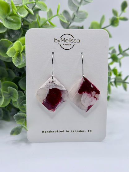 Maroon and White Small Rounded Square Drop Earrings in Silver