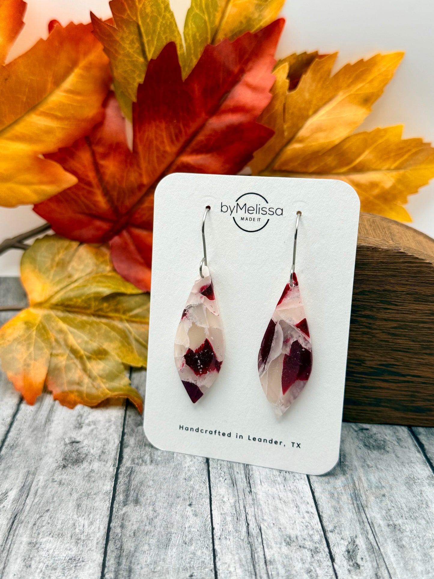 Maroon and White Small Elongated Kite Drop Earrings in Silver