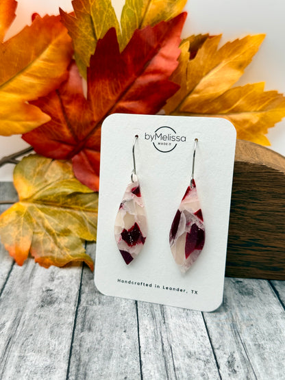 Maroon and White Small Elongated Kite Drop Earrings in Silver