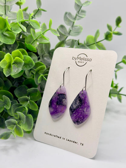 Purple and Black Small Kite Drop Earrings in Silver