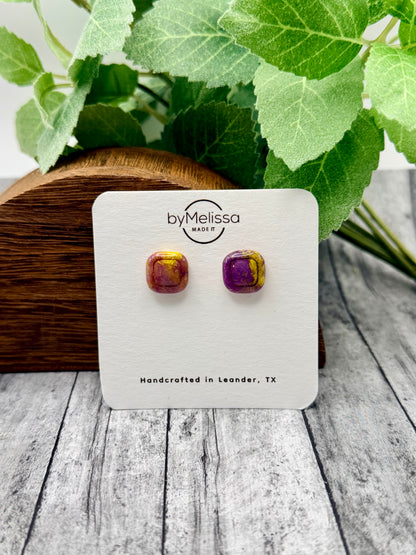 Purple and Gold Small Embedded Square Stud Earrings
