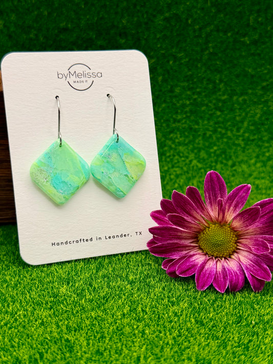 Lime and Turquoise Small Rounded Square Drop Earrings in Silver